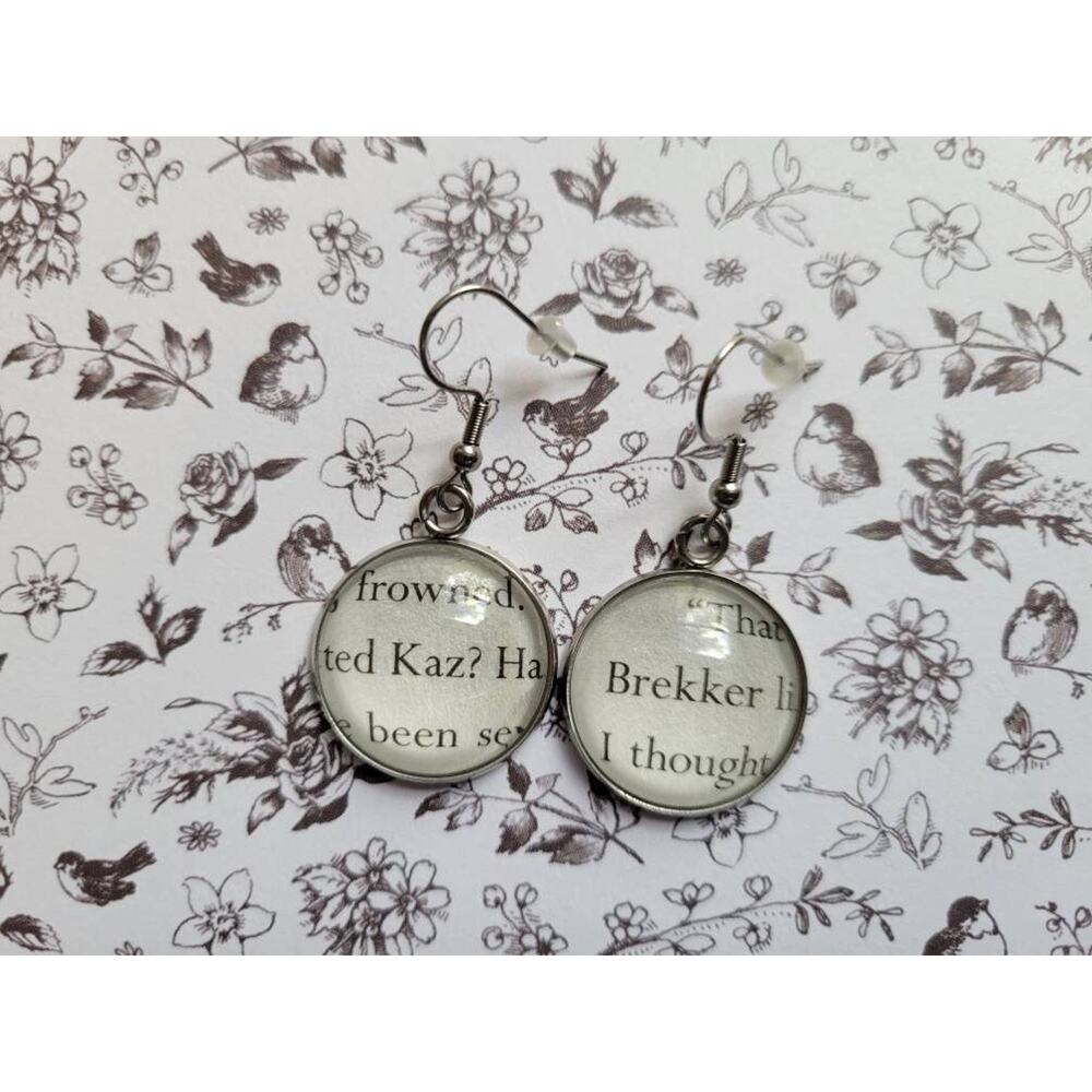 Kaz Brekker pendant earrings made with Six of Crows book pages